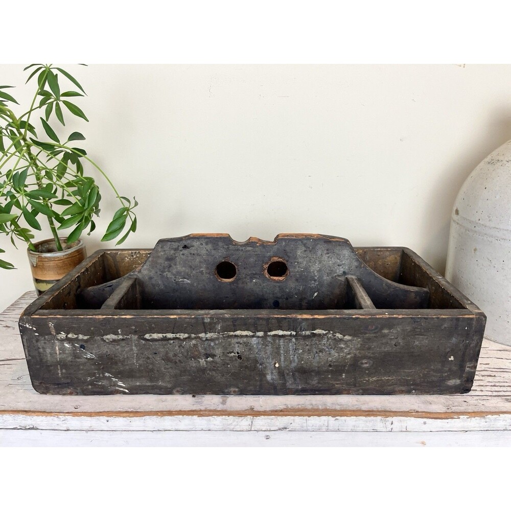 Vintage Primitive Wooden Tool Tote W/Handle and Dividers - Old Black Paint 17”